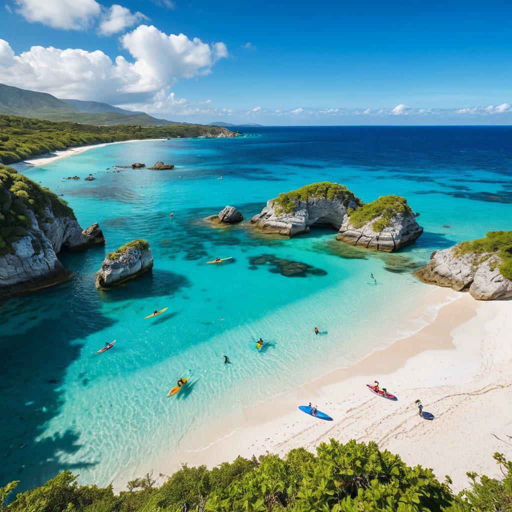 A stunning beach landscape featuring people engaging in various aquatic activities, such as kayaking, paddle boarding, and snorkeling among vibrant coral reefs. The scene includes crystal-clear turquoise waters, lush green hills in the background, and colorful beach umbrellas dotted along the shore. Bright sunshine casts cheerful reflections on the water, evoking a sense of adventure and excitement. super-realistic. vibrant colors. white background.